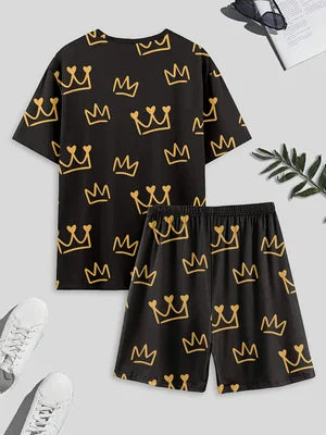 Men's pajama set, including crown-printed short sleeve top and shorts.