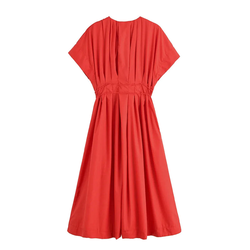 Women's New Fashion V-neck Pleated Down Shoulder Short Sleeve Midi Dress.
