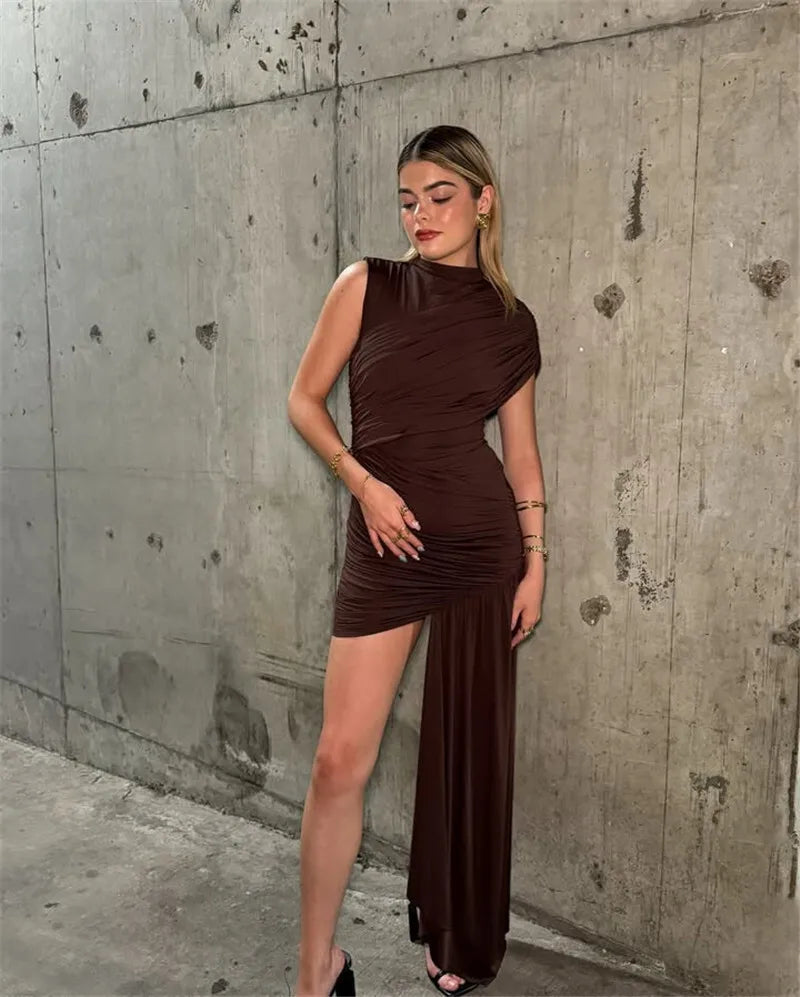 Mozision Irregular Draped Ruched Sexy Mini Dress For Women.
