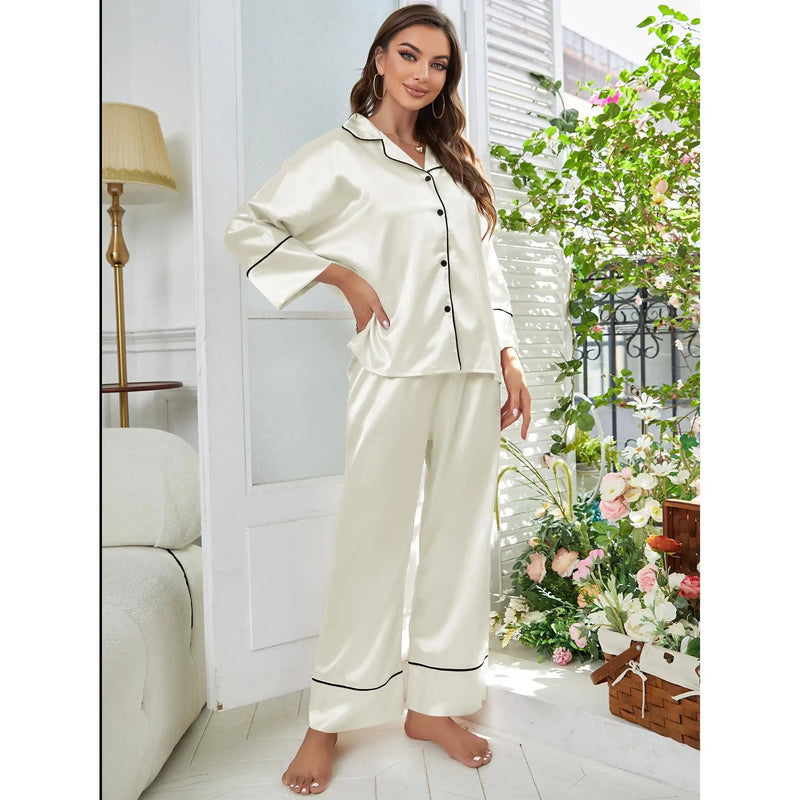 Women's pajamas spring and summer ice silk loose solid color long-sleeved.