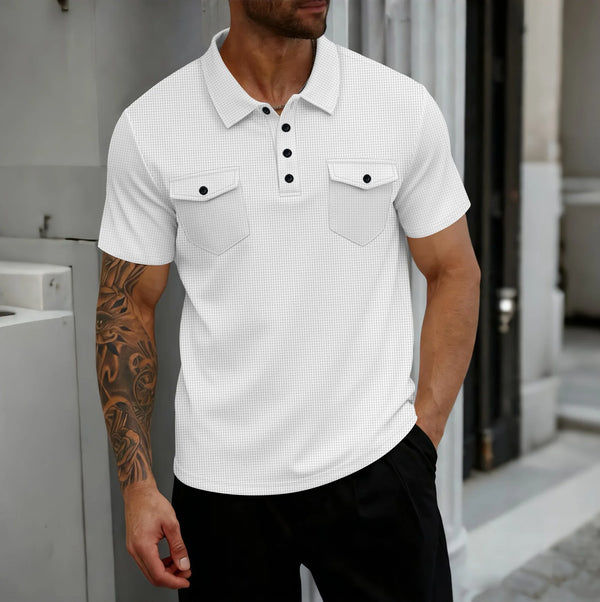 Men’s  button-down solid-color short-sleeved POLO shirt casual T-shirt.