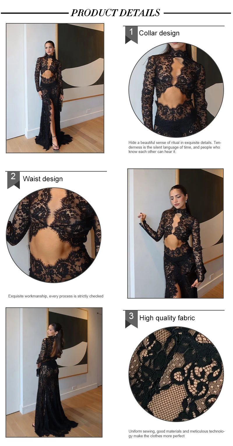 Women’s VC Black Lace Cut Out Long Dress Backless High Split.