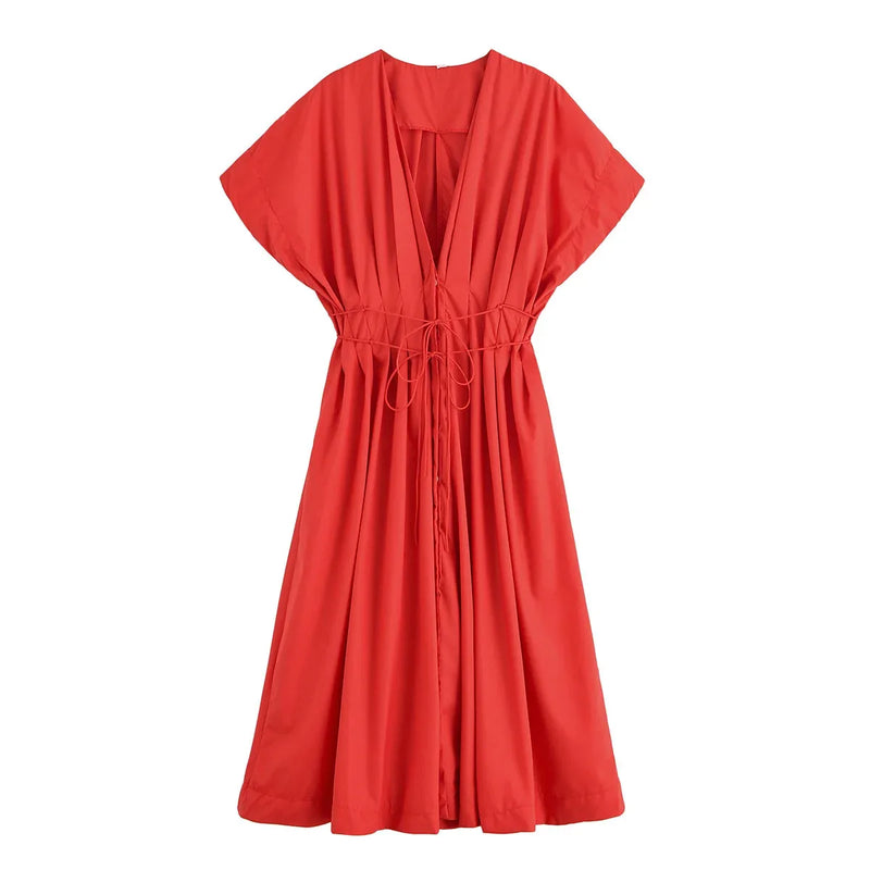 Women's New Fashion V-neck Pleated Down Shoulder Short Sleeve Midi Dress.