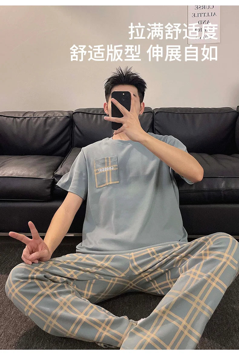 Summer Knitted Plaid Cool Mens Pyjamas Pajamas Casual Pjs Lounge Sets.