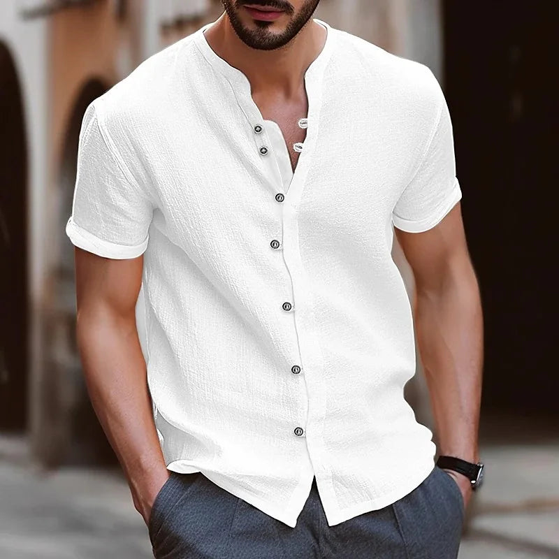 Men's Simple Texture Linen Round-neck Short-sleeve Button-down Solid-color.