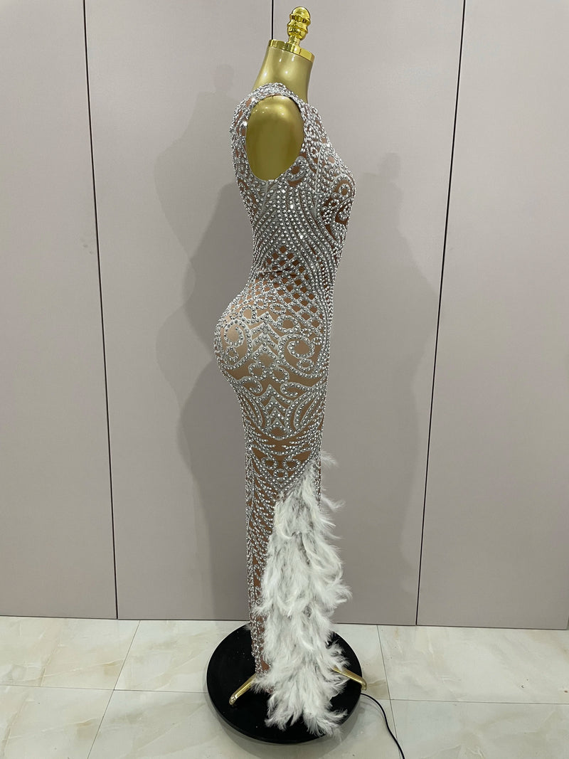Women Sparkly Rhinestone Feathers Sleeveless O Neck Bodycon Long Dress.