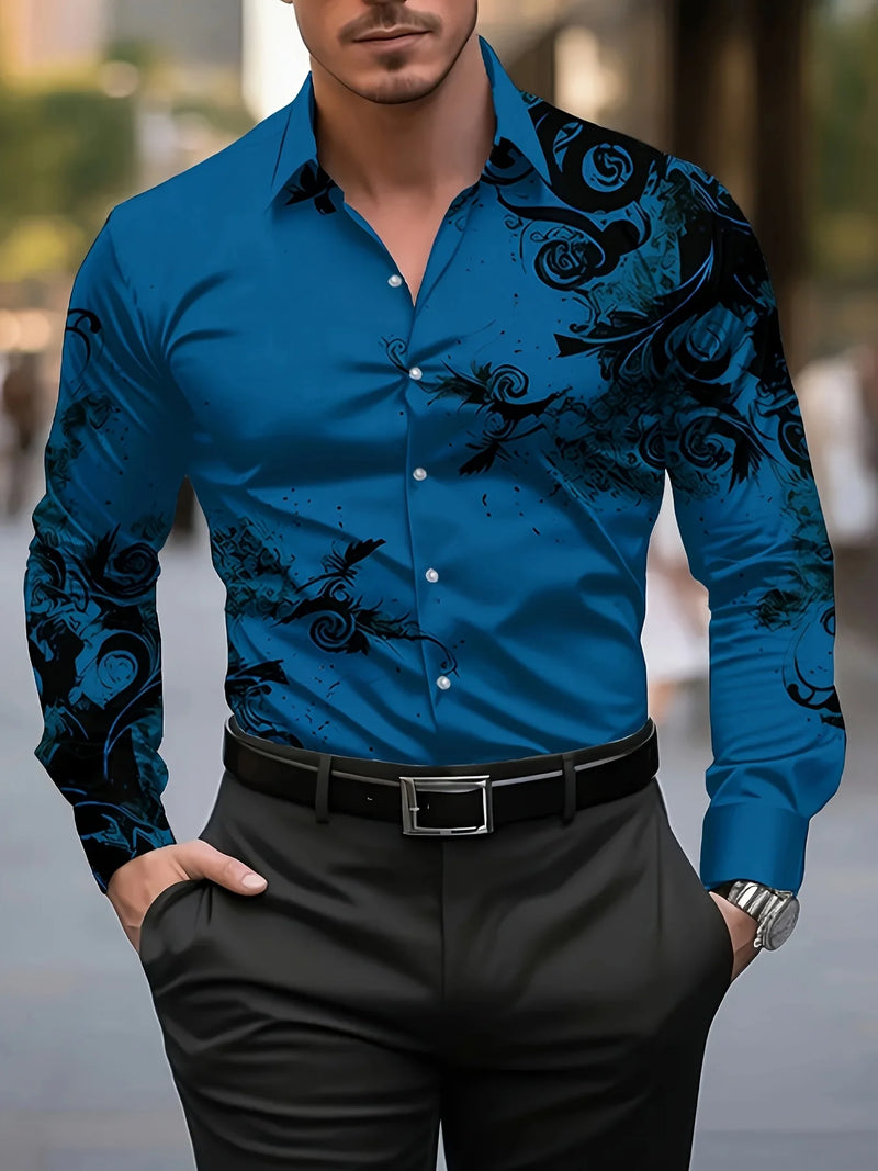 Men's Stylish Red Floral Print Dress Shirt - Casual Long Sleeve Button-Up.