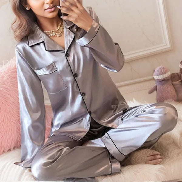 Plus Size Fall and Winter Silk Satin Women Pajamas Set Button down.