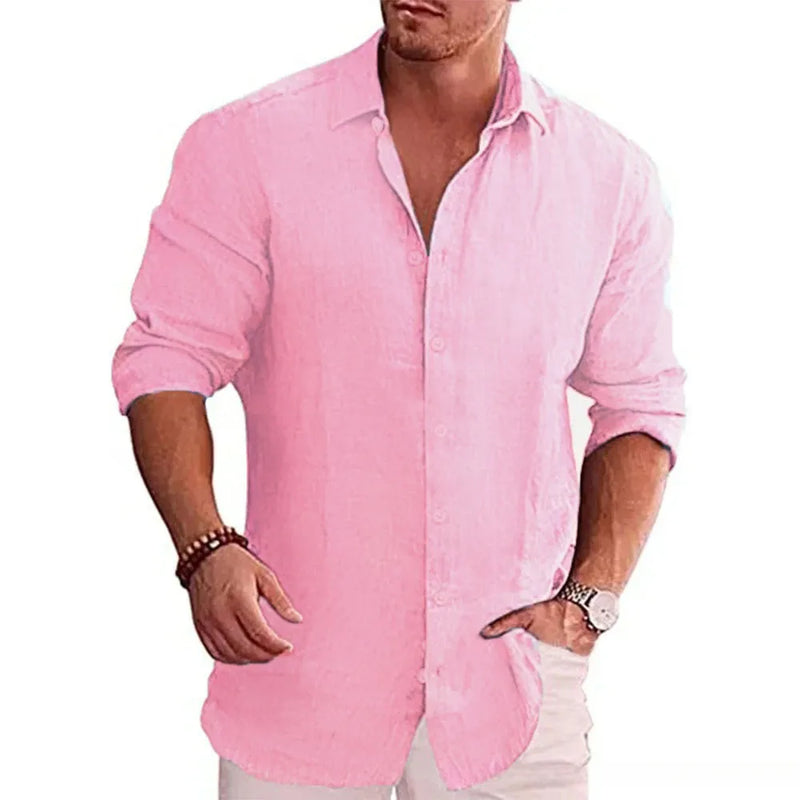 Cotton Linen Autumn Hot Selling Men's Long Sleeve Shirt Solid Color.