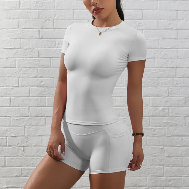 Seamless Yoga Set Women Workout Clothes Short Sleeve Crop Top Pocket.