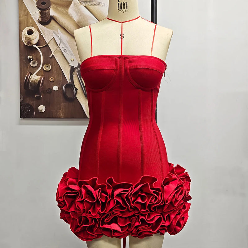 VC Christmas Dress Strapless Backless Red Structured Floral Embellished Mini Length.