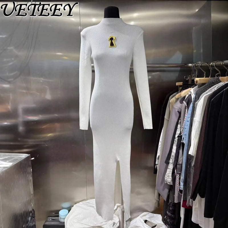 European Women Clothes Long Sleeve Waist-Cinching Knitted Long Dress.