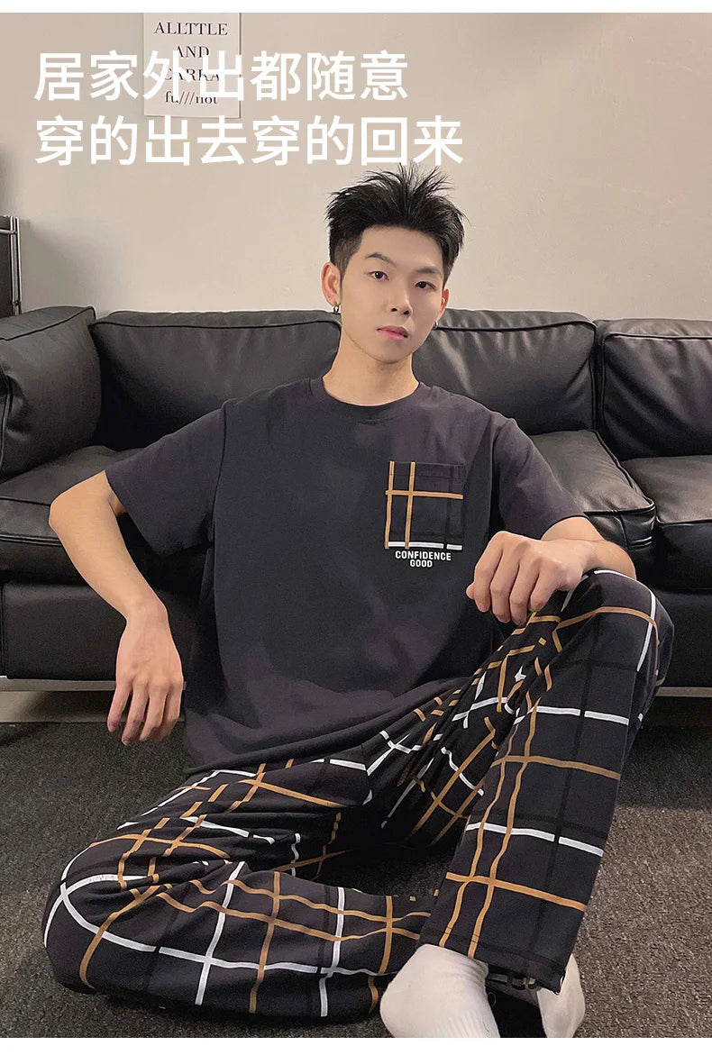 Summer Knitted Plaid Cool Mens Pyjamas Pajamas Casual Pjs Lounge Sets.