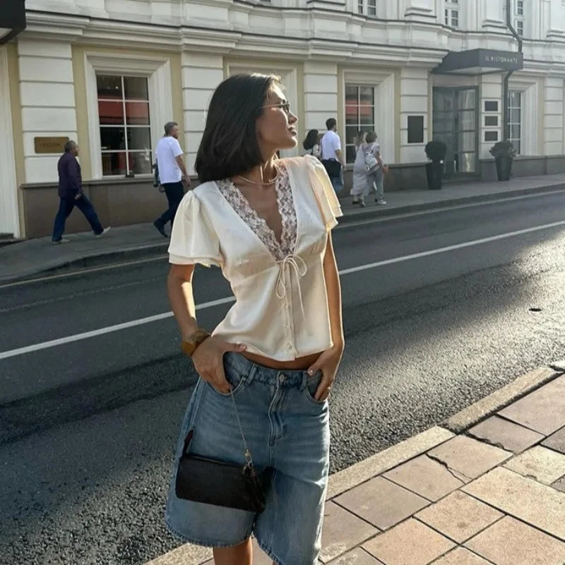 Lace Patchwork Women ‘s Shirts V Neck Hollow Out Short Sleeve.