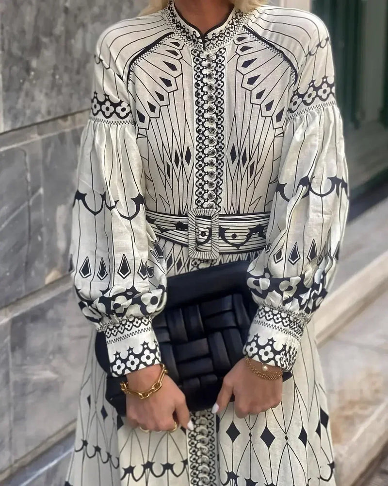 Retro Elegant Stand Collar Long Dress Women Spring Pattern Print.