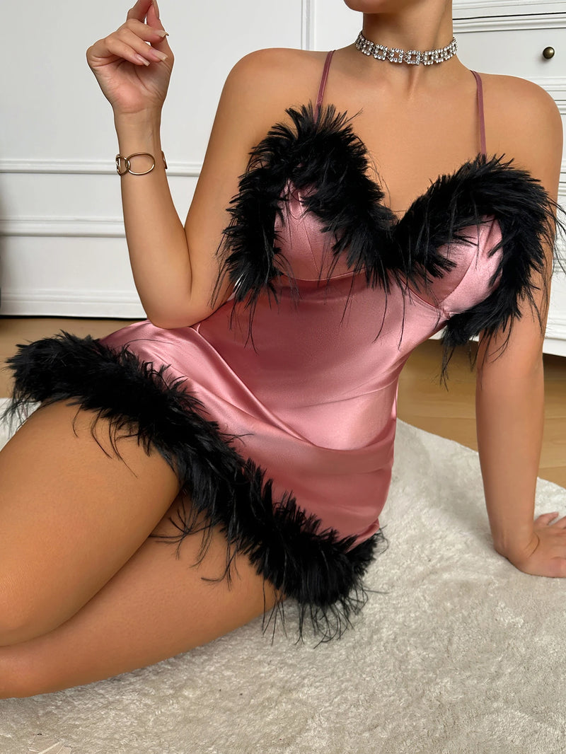 Sexy V Neck Feather Trim Women's Nightgown Fashion Elegant Pajamas.