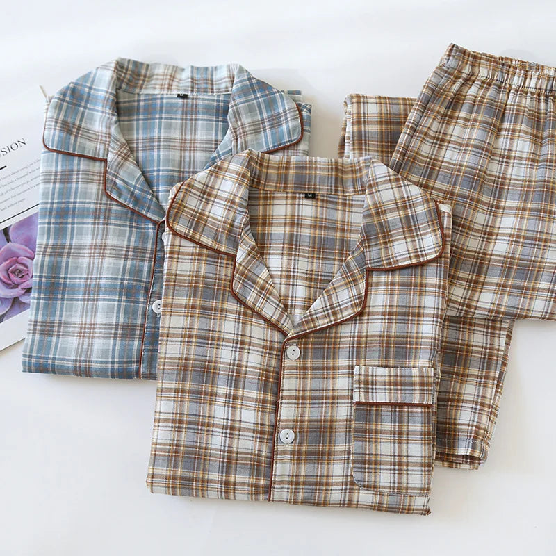 Men's Pajama Set Spring/Summer Checkered Simple Long sleeved Two Piece.
