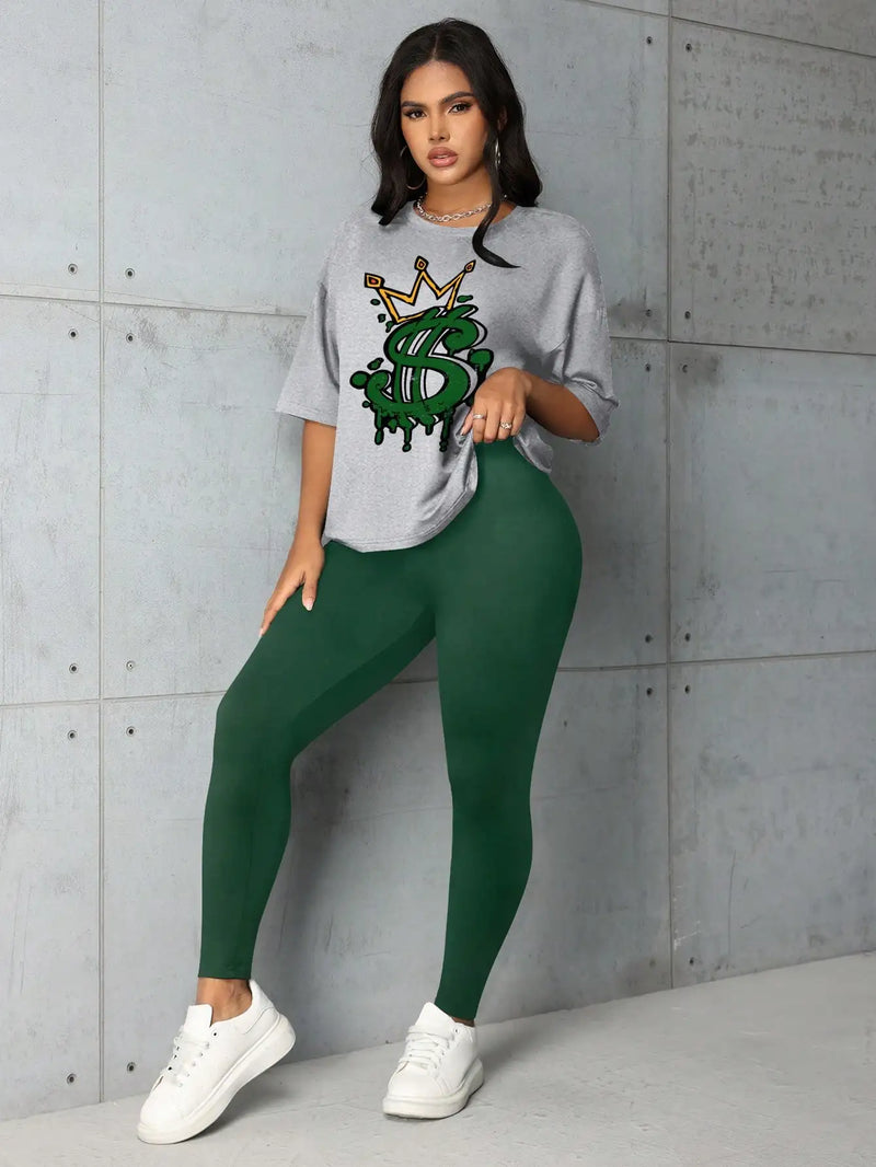 Crown Letter Print Pants Set Y2K Summer Round Neck Graphic Short Sleeve.