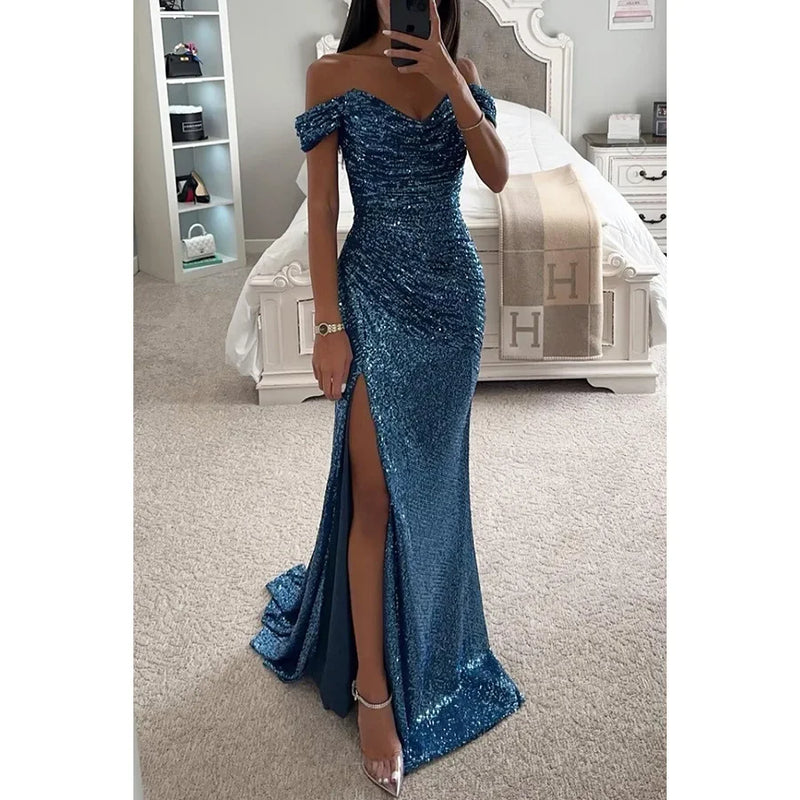 New Party Sequins One line Neck Split Dress INS Casual Versatile Fashionable Charming Slimming Dress.