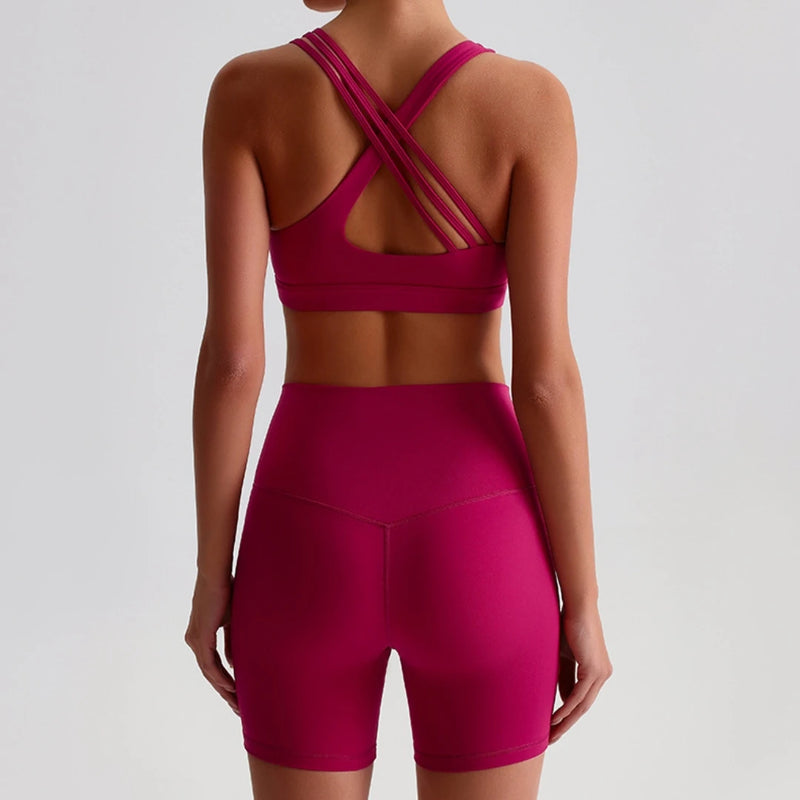 Solid Color Gym Yoga Set Short Legging Cross Back Shoulder Strap Sport Bra Tracksuit Women.