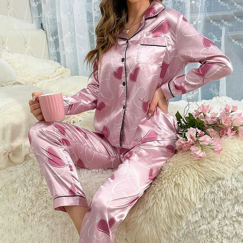Cute Cat Print Pajama for Women Satin Long Sleeve Lapel Collar Tops & Pants Pyjama.