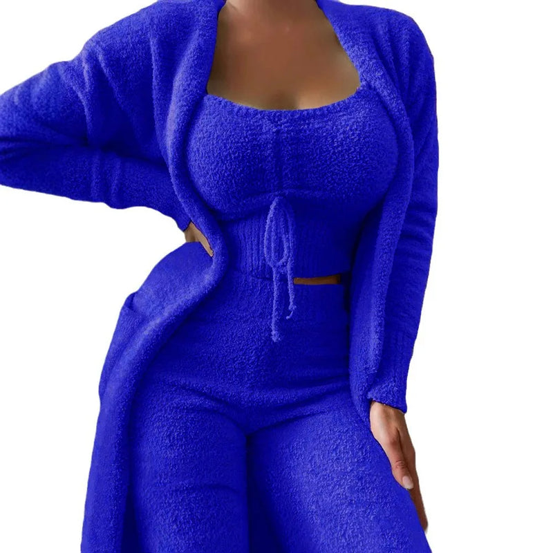 Luxury Women's Plush Pajamas Set Crop Top+Long Pants+Coat 3 Pieces.