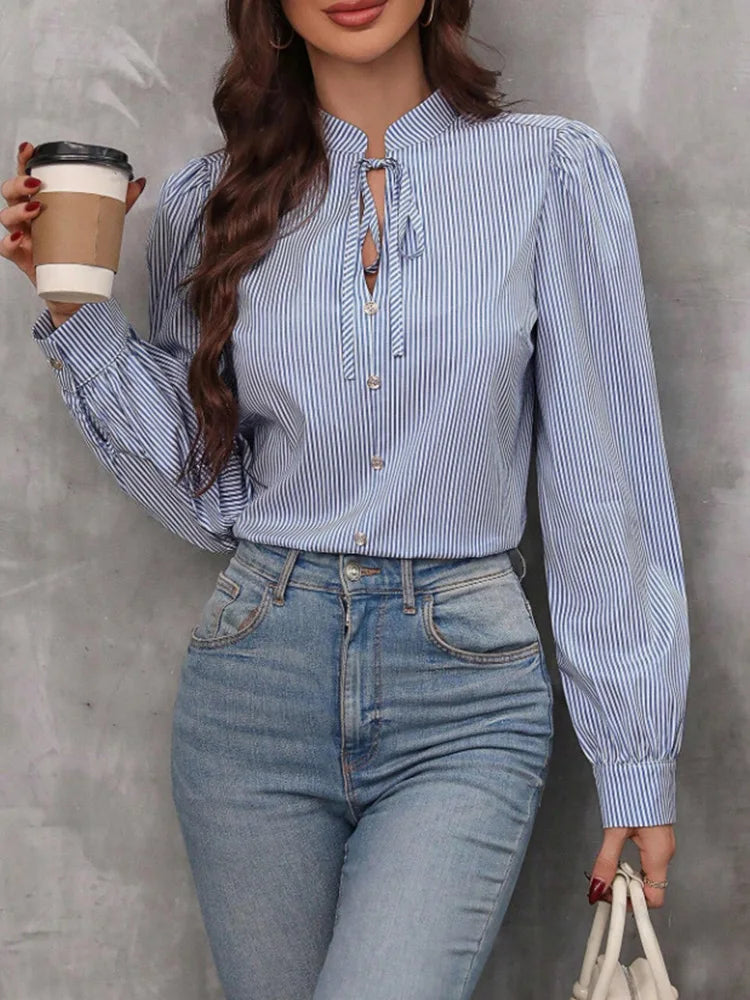 Women V-Neck Button Down Long Sleeve Top Solid Color Striped Shirt.