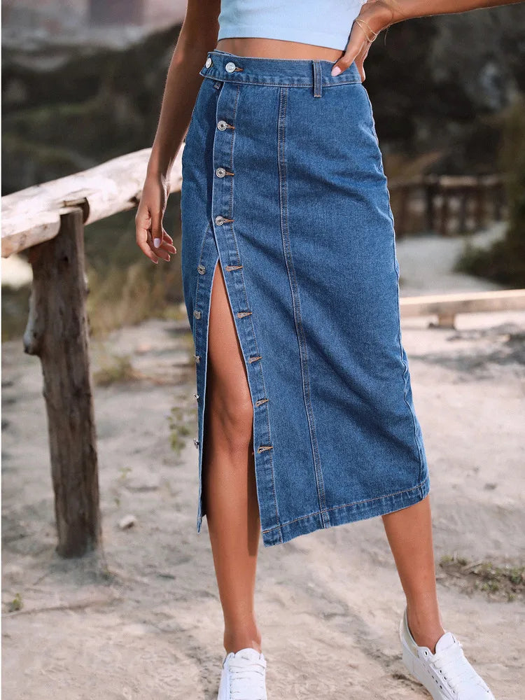 Plus-size Women's Straight Button A-line With Slit Long Denim Skirt.
