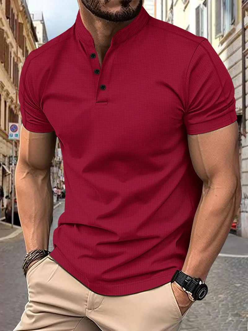 Summer explosion men's short sleeve T-shirt stand collar Waffle Henry.