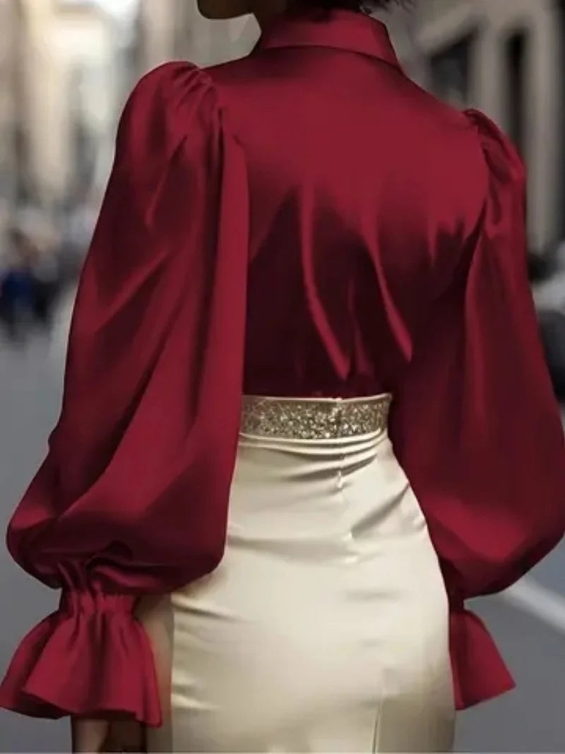 Elegant Satin Blouse with Ruffled Cuff Sleeves and Button-Down Collar.