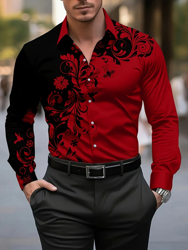 Men's Stylish Red Floral Print Dress Shirt - Casual Long Sleeve Button-Up.