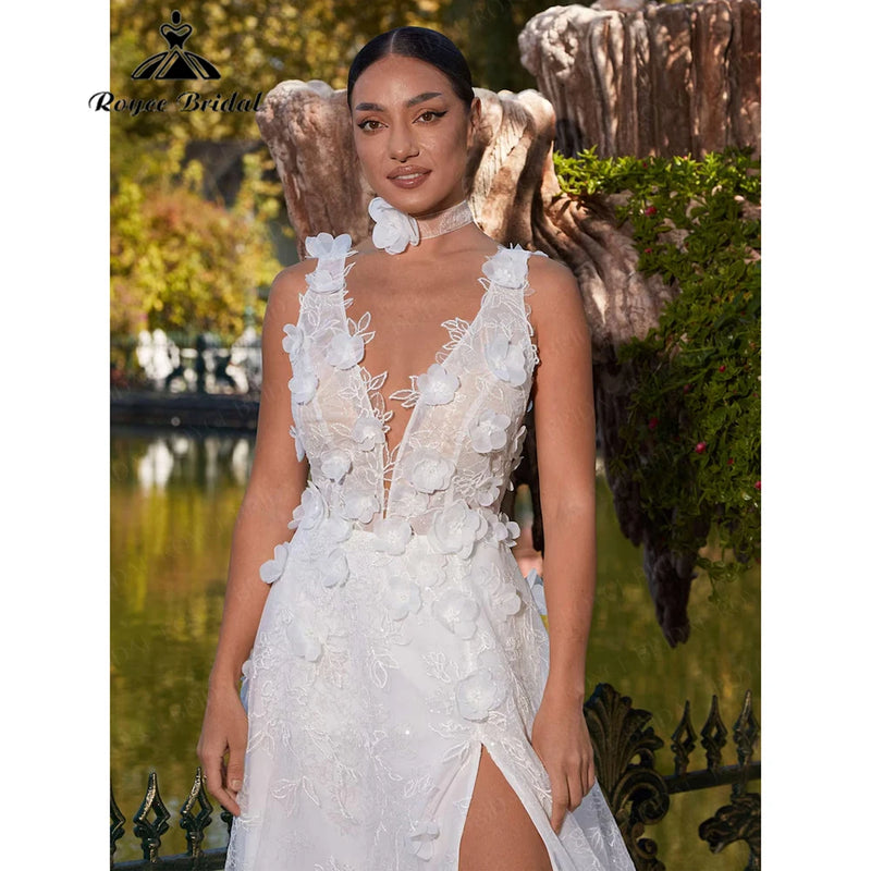 Women’s Boho 3D Floral Applique Tulle Wedding Dress.
