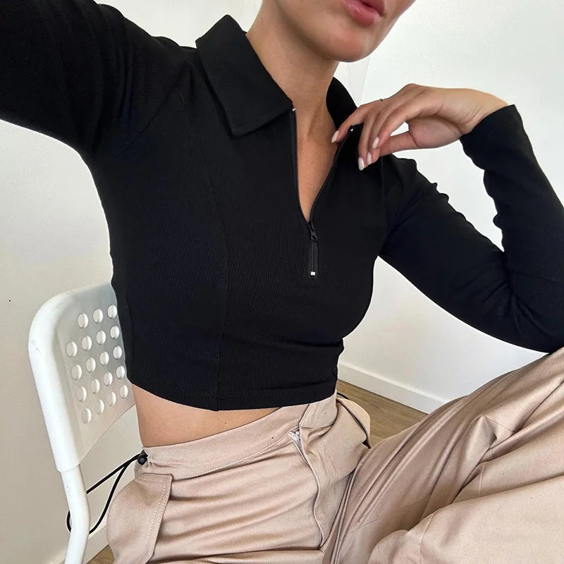 Women's T-shirt Autumn New Black Long Sleeves Crop Top.