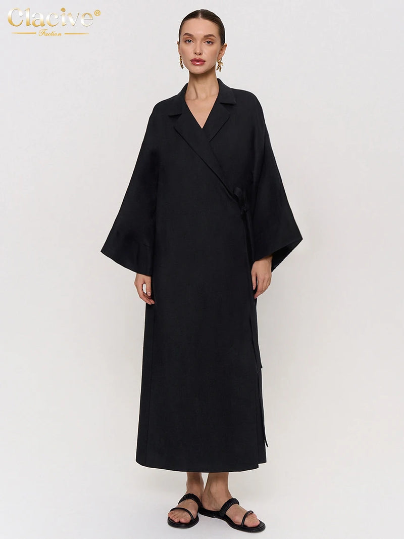 Ladies Fashion Lapel Long Sleeve Ankle Length Dress Elegant Lace-Up Dresses For Women.