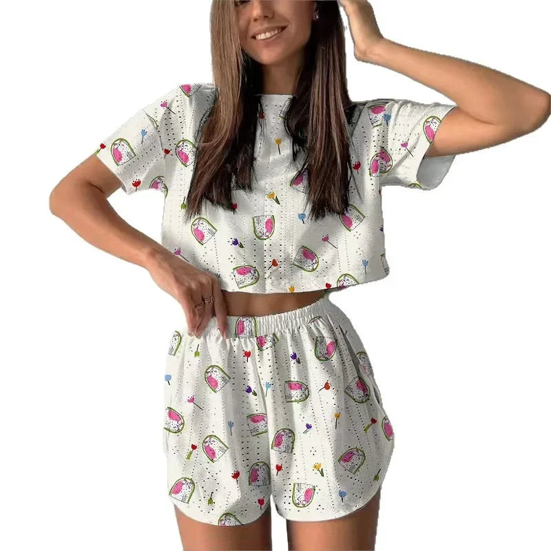 Summer Women's Casual Print Hollow out Short Two-Piece Set V-neck Home.