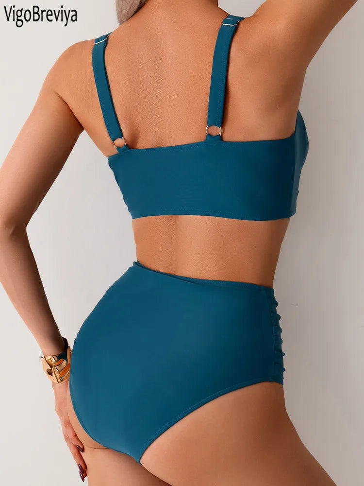 VigoBreviya Sexy Blue Strapped Swimwear Women High Waist Bikini Set.
