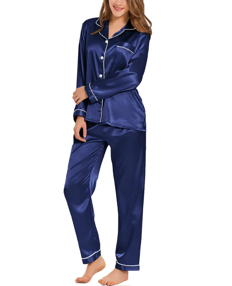 Womens Silk Satin Pajamas Loungewear Two-piece Sleepwear Button-Down.
