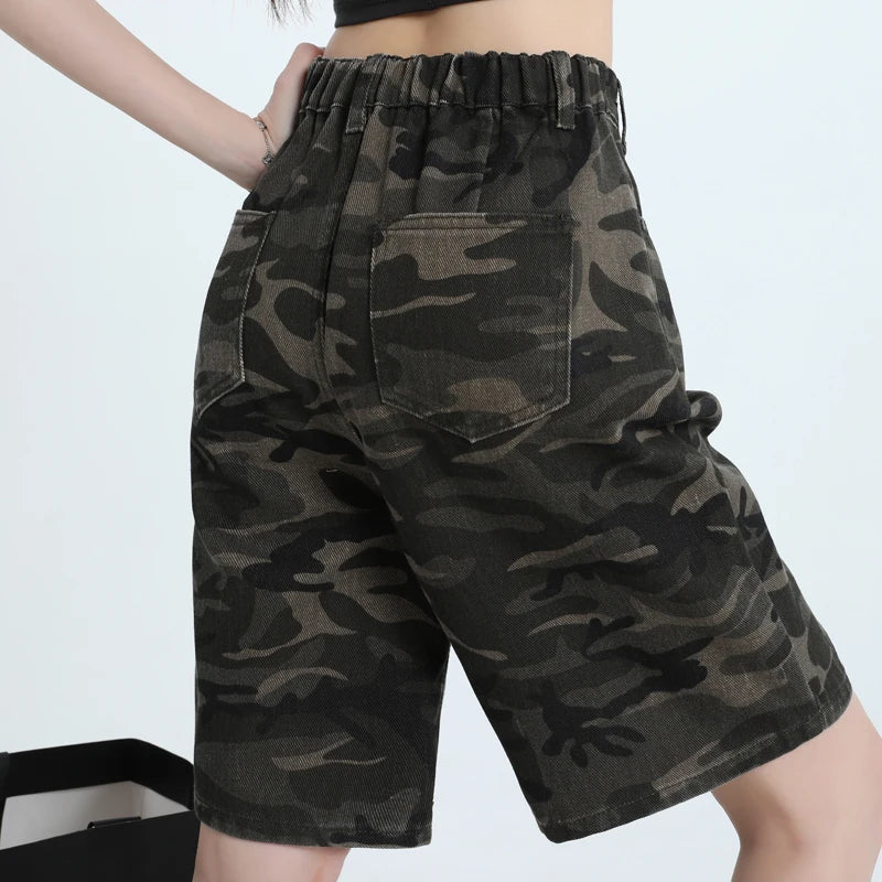 Women's High Waist Loose Straight Leg Camouflage Denim Shorts.