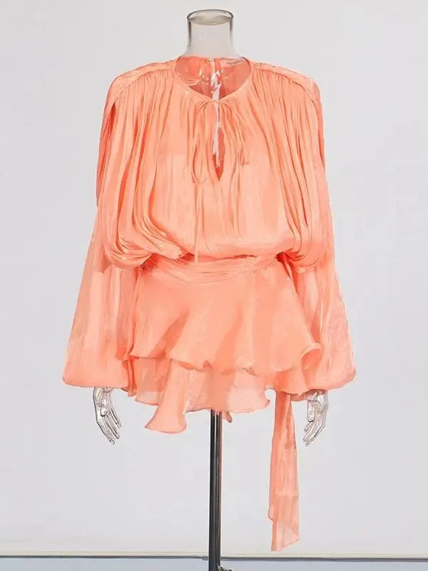 TWOTWINSTYLE Solid Blouse Mini Dresses For Women V Neck Long Sleeve.