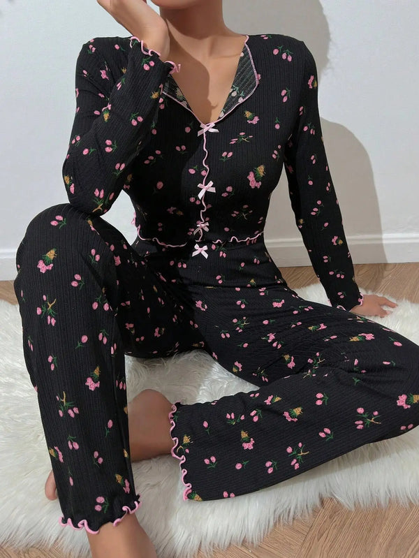 Y2K Cute Floral Ribbed Pajama Set Womens Long Sleeve V Neck Two Piece.