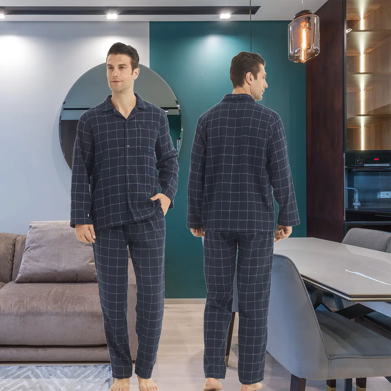 Mens Flannel Pajama Sets Cotton Plaid Pajamas for Men Pjs Set.