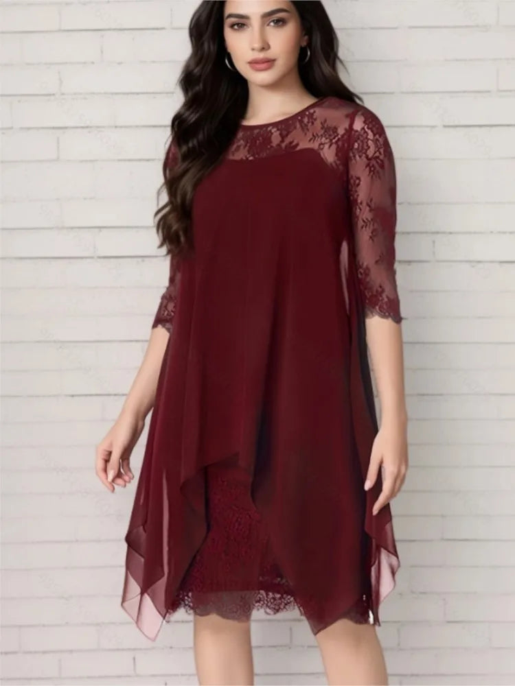 Plus Size Female Dresses Lace Patchwork Asymmetric Hem Loose Waist Three-quarter.