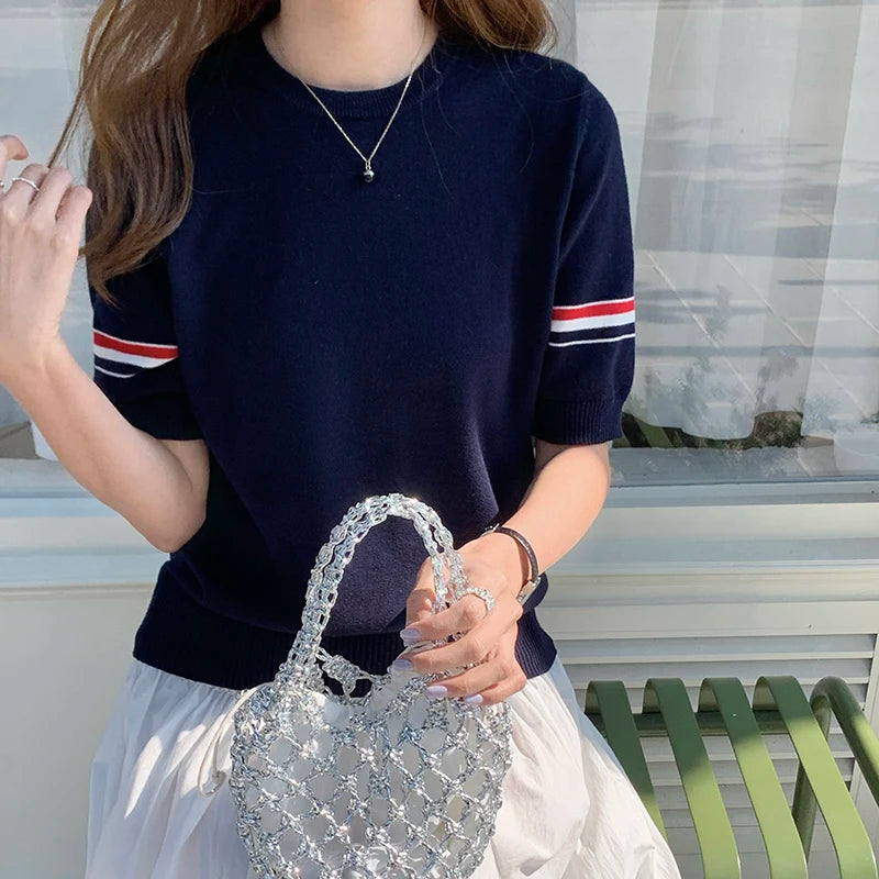 Summer  cotton women's T-shirt casual striped knit pullover short sleeved.