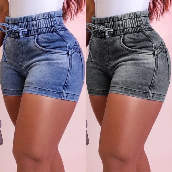 Women Summer Denim Shorts Ladies Elastic Waist Bandage Jeans.