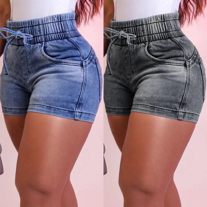 Women Summer Denim Shorts Ladies Elastic Waist Bandage Jeans.