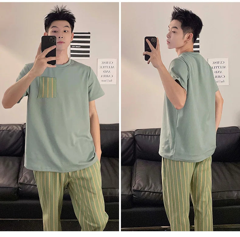 Summer Knitted Plaid Cool Mens Pyjamas Pajamas Casual Pjs Lounge Sets.