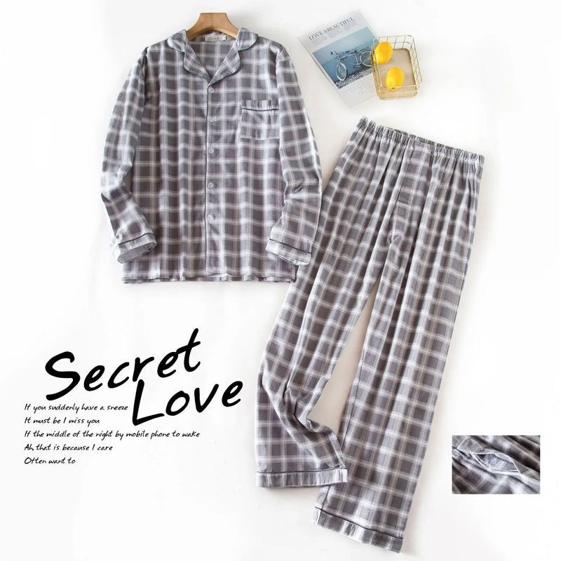 Men's Long Sleeve Plaid Velvet Set Autumn Winter Pajamas.