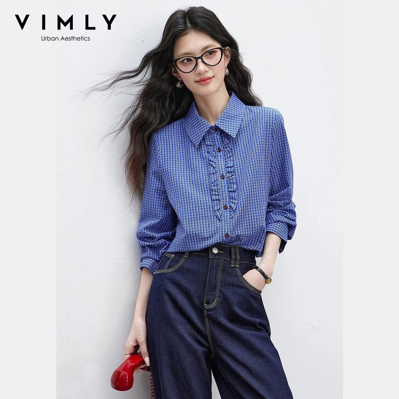 VIMLY Women's Plaid Shirt Spring New Ruffle Lapel Collar Contrast Button.