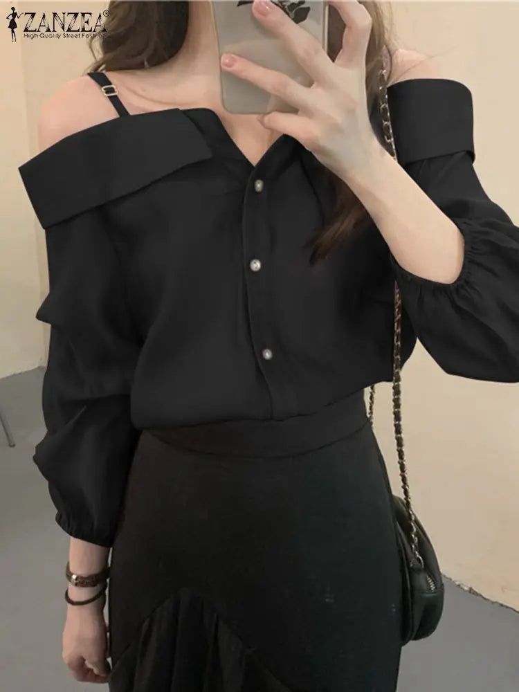 ZANZEA Fashion Shirts Women Sexy Off Shoulder Blouse Summer.