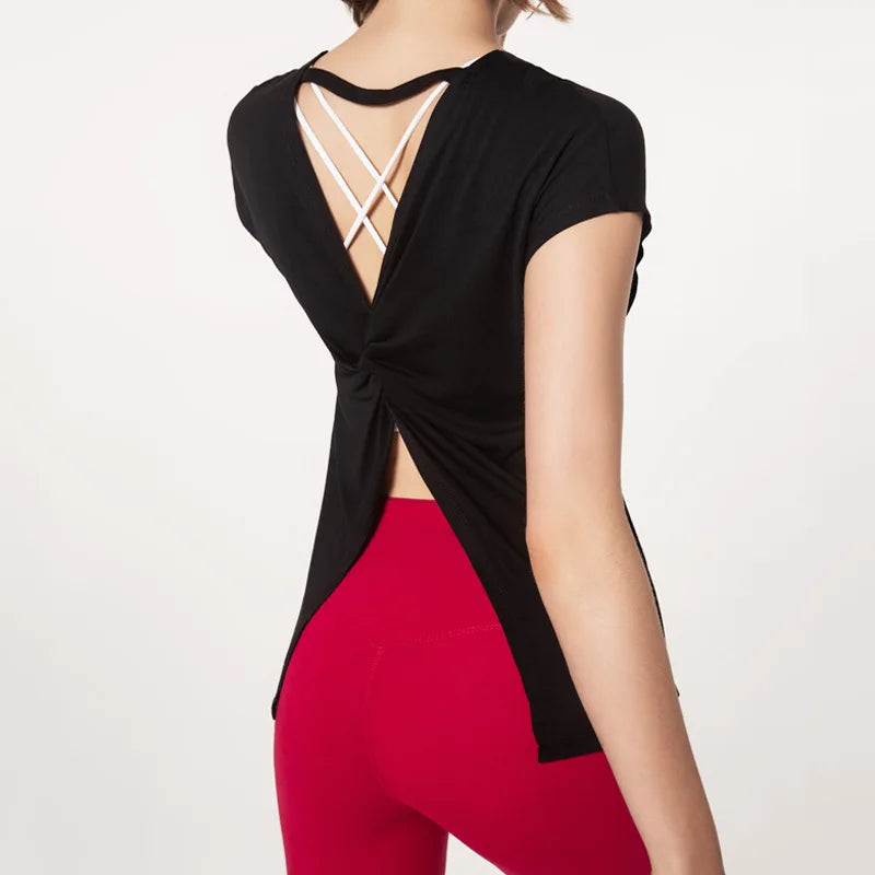 Women's Split Side Yoga Top Sexy Open Back Fitness T-shirt.